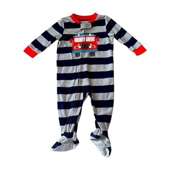 Carters Fire Truck Striped Fleece Pajama Sleeper Footed Baby Boy 12M - Picture 1 of 3